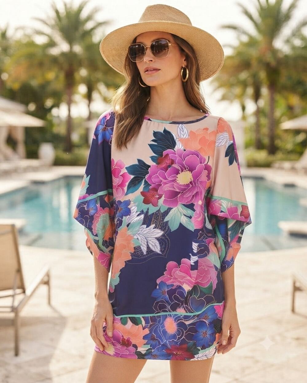Trina Turk Floral Dolman Sleeve Tunic Dress Vibrant Peony Print Resort Wear S